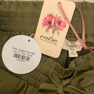 Olive green, jogger style satin pants